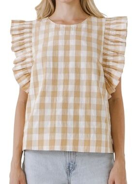 English Factory Beige and White Gingham Ruffle Sleeve Top